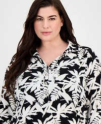 Ak Anne Klein Plus Button Roll-Tab Printed Blouse