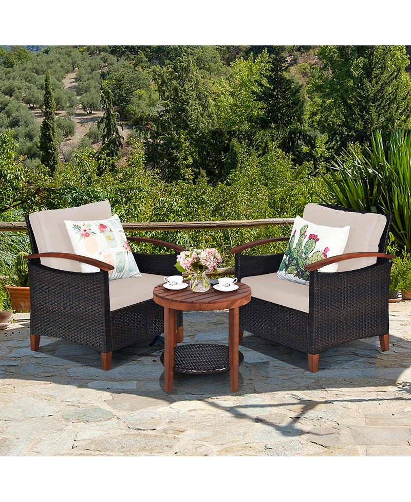 Gymax 3PCS Outdoor Patio Rattan Conversation Set Outdoor Furniture Set w/ Cushion