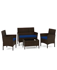 Gymax 4 Piece Outdoor Wicker Furniture Set Patio Rattan Conversation Set w /Cushions