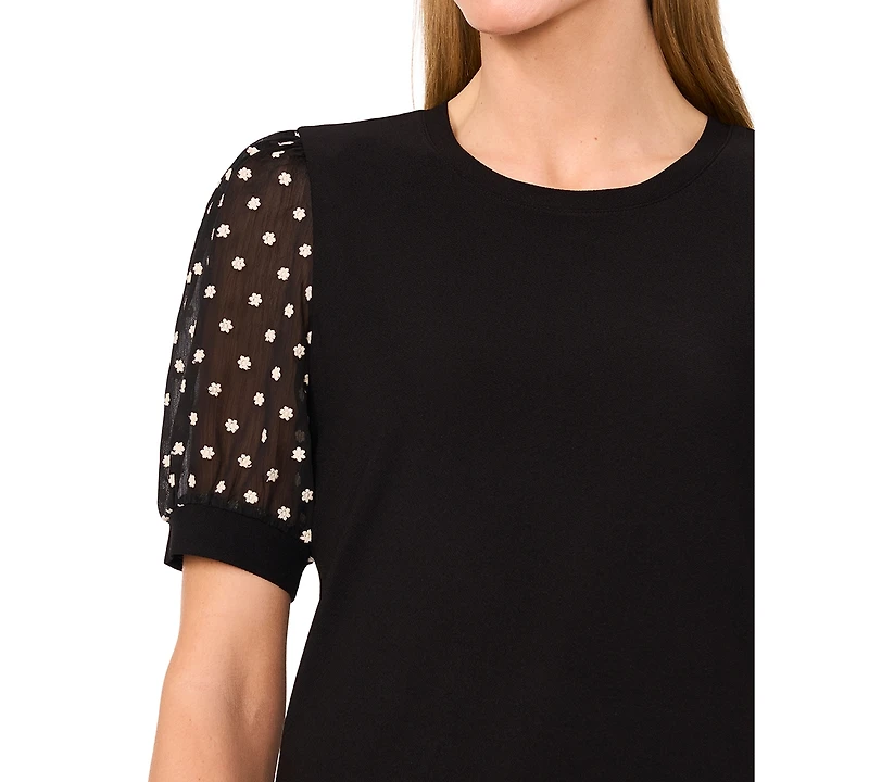 CeCe Women's Puff-Sleeve Mixed-Media Crewneck Top