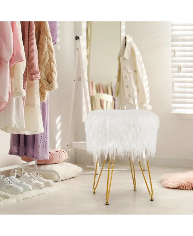 Faux Fur Vanity Stool Chair with Metal Legs for Bedroom and Living Room