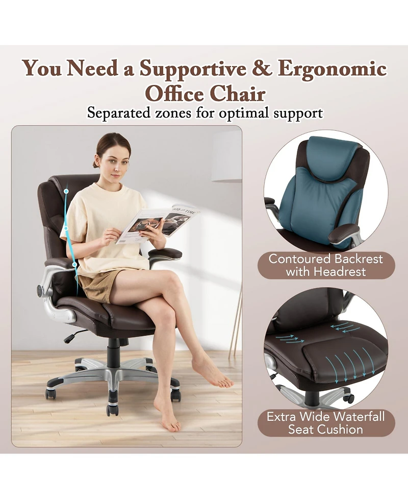 Ergonomic Office Pu Leather Executive Chair with Flip-up Armrests and Rocking Function