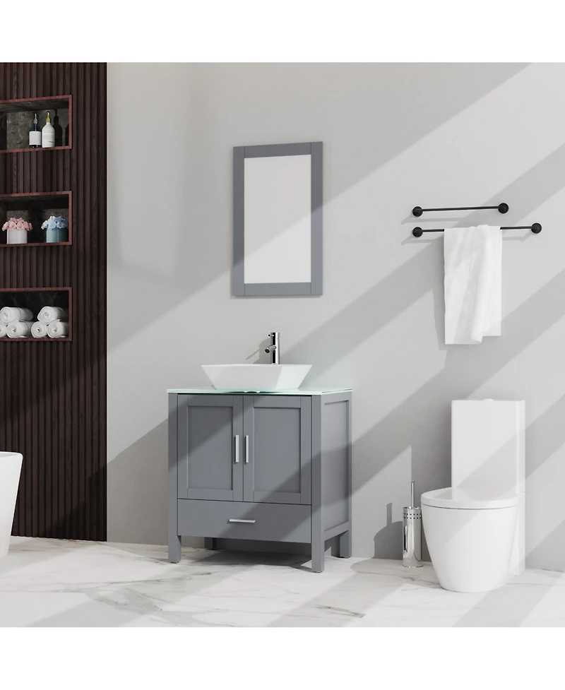 Casainc 30" Gray Bathroom Vanity and Sink Combo Glass Top Cabinet With Mirror