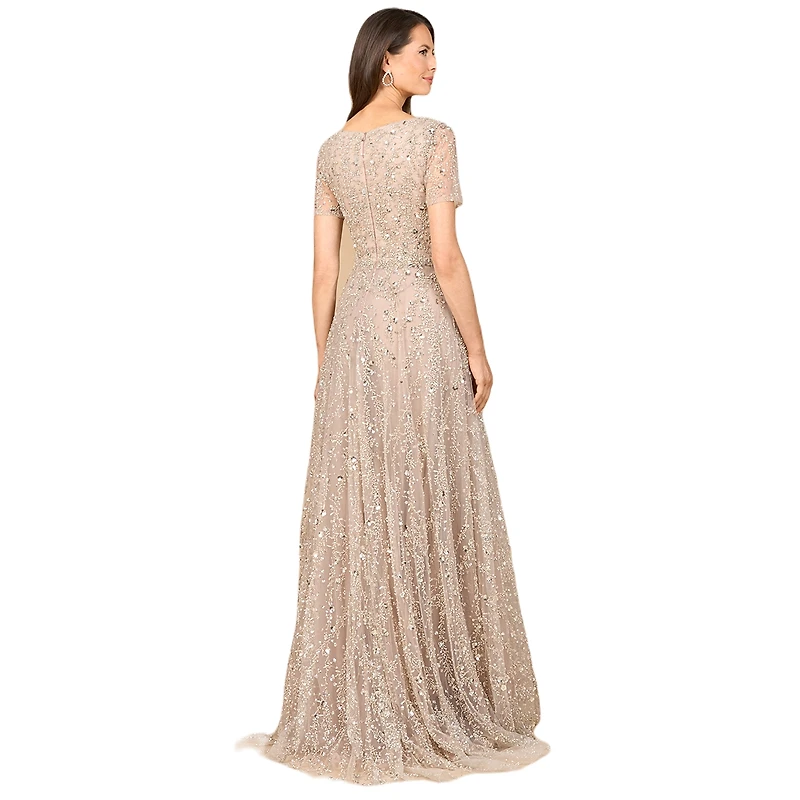 Lara Women's Short Sleeve V-Neck Beaded Ballgown