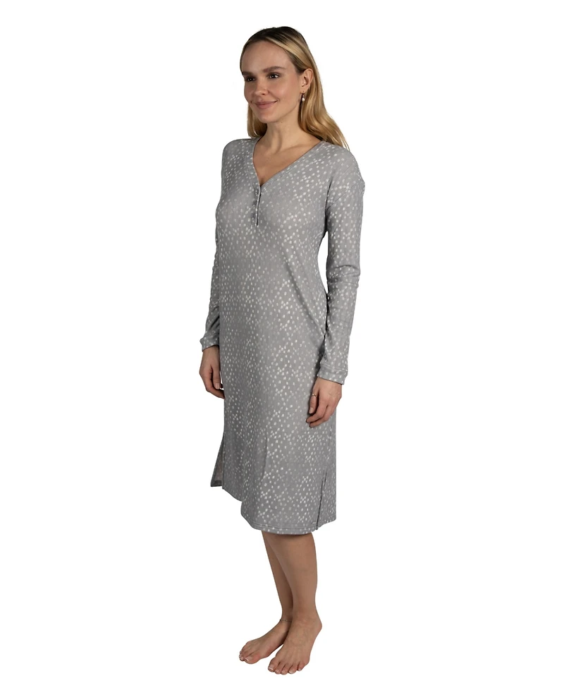 Tahari Women's Long Sleeve Fleece Henley Nightshirt Lounger