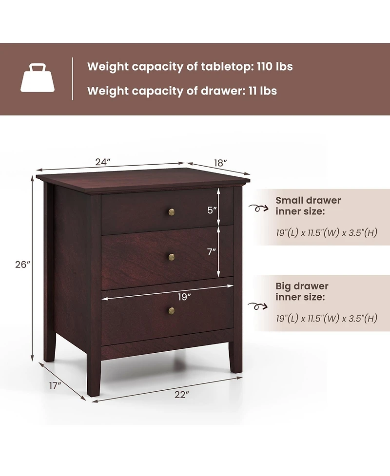 3 Drawers Nightstand Beside End Side Table Accent Table