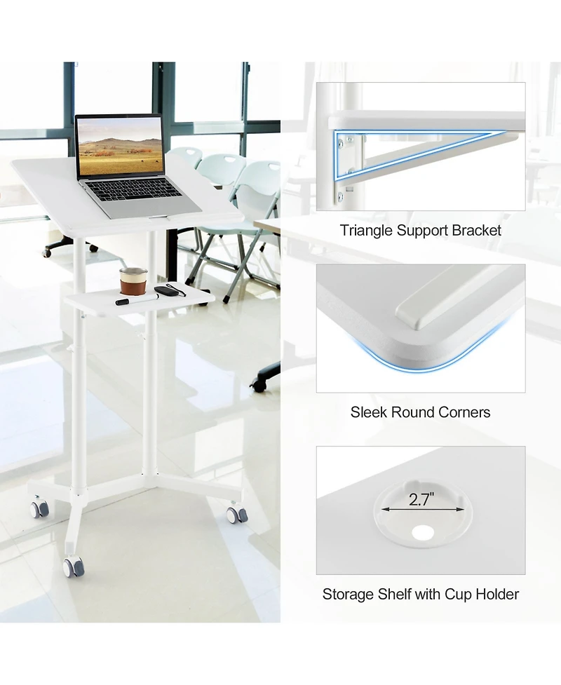 Mobile Lectern Podium Height-adjustable Rolling Laptop Cart with Tilting Top Storage Tray
