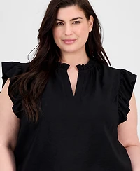 Anne Klein Plus Ruffle-Trim Split-Neck Sleeveless Blouse