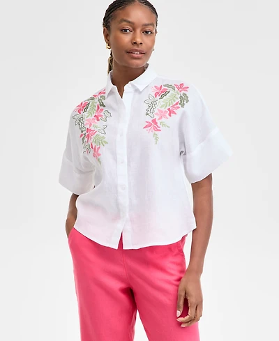 Charter Club Women's Embroidered 100% Linen Shirt, Exclusively at Macy's