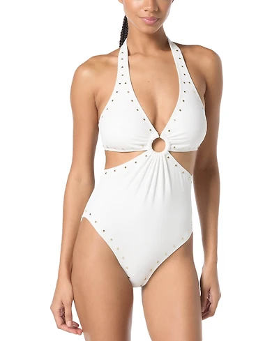 Michael Kors Women's Crepe Ring Halter Cut-Out One-Piece Swimsuit