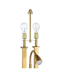 Deacon Modern Desk Table Lamp with Usb and Ac Power Outlet in Base Led Gooseneck 26" High Antique Brass Oatmeal Linen Drum Shade for Living Room Bedro