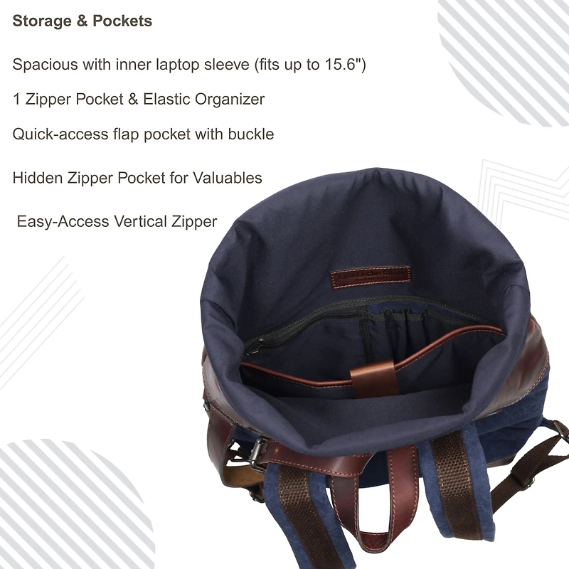 Vintage Canvas Roll Top Backpack with Leather Trim, Laptop Compartment, Adjustable Straps & Front Pocket – Stylish and Durable Travel, School o