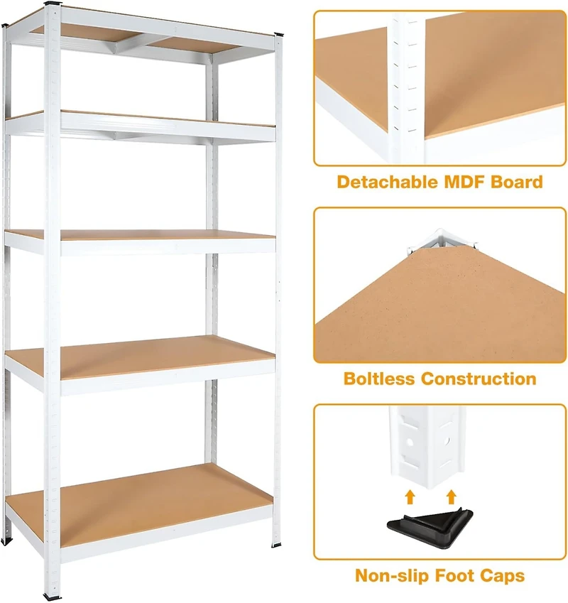 5 Tier Laminated White Metal Shelving Unit Adjustable Garage Storage Utility Rack Heavy Duty Shelves Organization Multipurpose Shelf Warehouse Basemen