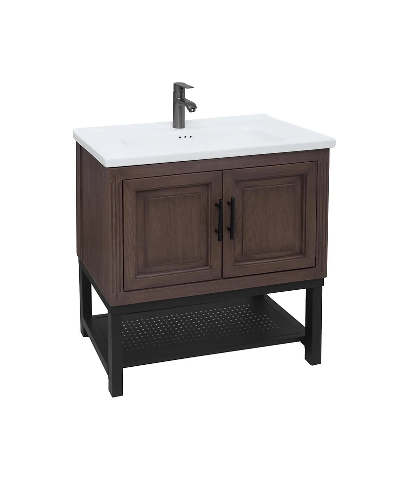 Casainc 32" Bathroom Vanity with White Ceramic Sink & Faucet,Freestanding Bathroom Cabinet with 2 Storage Doors and Open iron Shelf