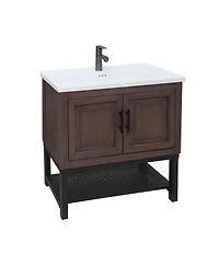 Casainc 32" Bathroom Vanity with White Ceramic Sink & Faucet,Freestanding Bathroom Cabinet with 2 Storage Doors and Open iron Shelf