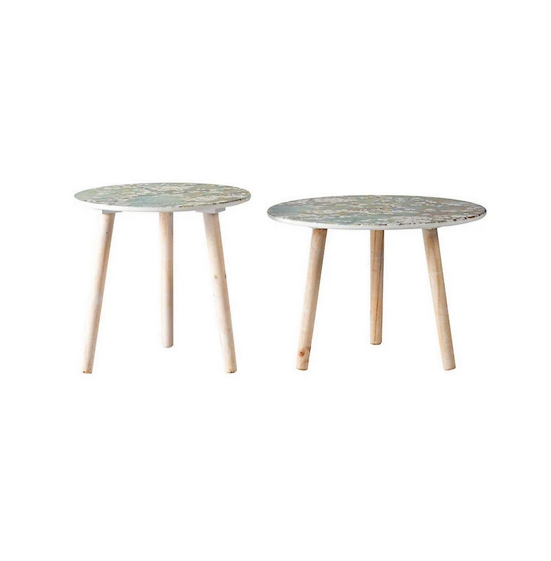 Set of 2 Side Tables with Floral Cherry Blossom Design for Elegant Home Decor