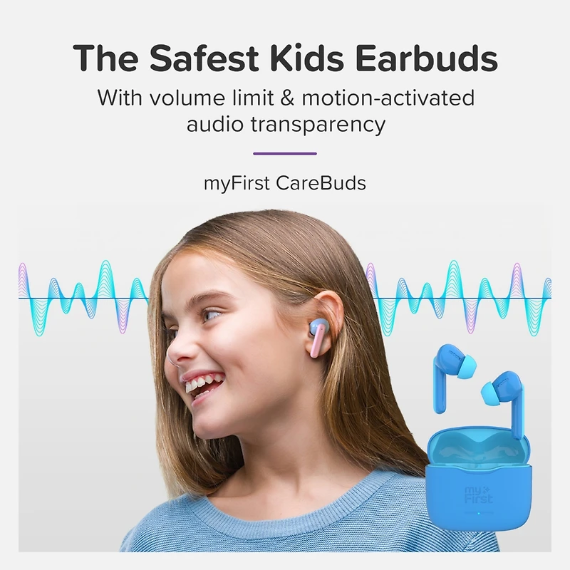 myFirst CareBuds () Kids Wireless Earbuds with 85dB Volume Limit, Built-in Mic, 6 Ear Tips, Anti-Lost Strap Easy Pairing