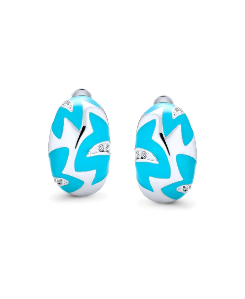 Bling Jewelry Geometric Blue Enamel Zig Zag Half Hoop Clip On Earrings Silver Plated Brass