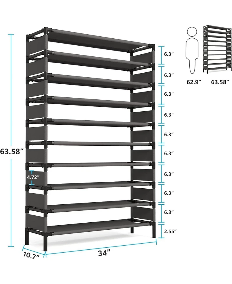 Tribesigns 10 Tiers Enterway Shoe Rack, Large Capacity Home Tall Metal Storage Organizer for 50 Pairs, Space Saving Organization