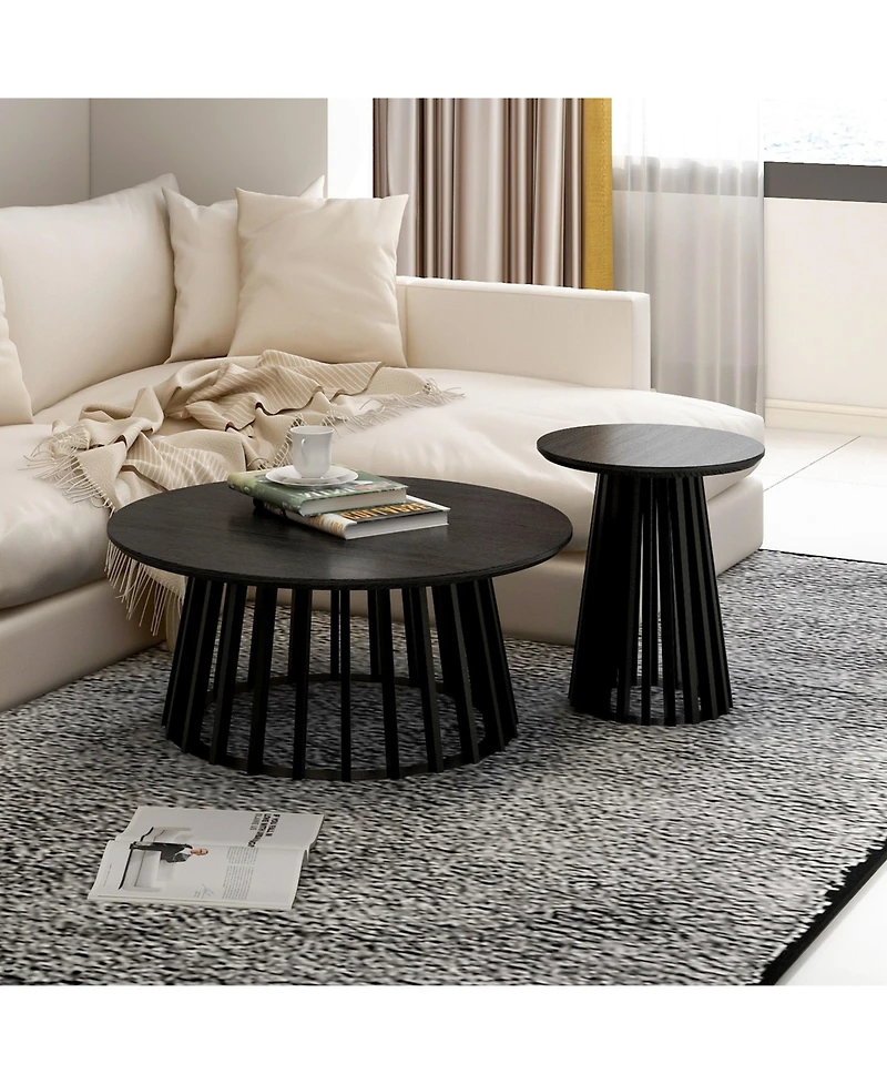 Mondawe Round Coffee Table Set of 2, Grille Molding, Suitable for Bedroom, Living Room, Balcony