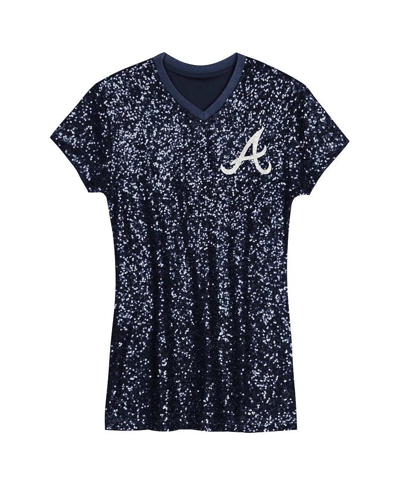 Outerstuff Big Girls Navy Atlanta Braves Sequin V-Neck Dress
