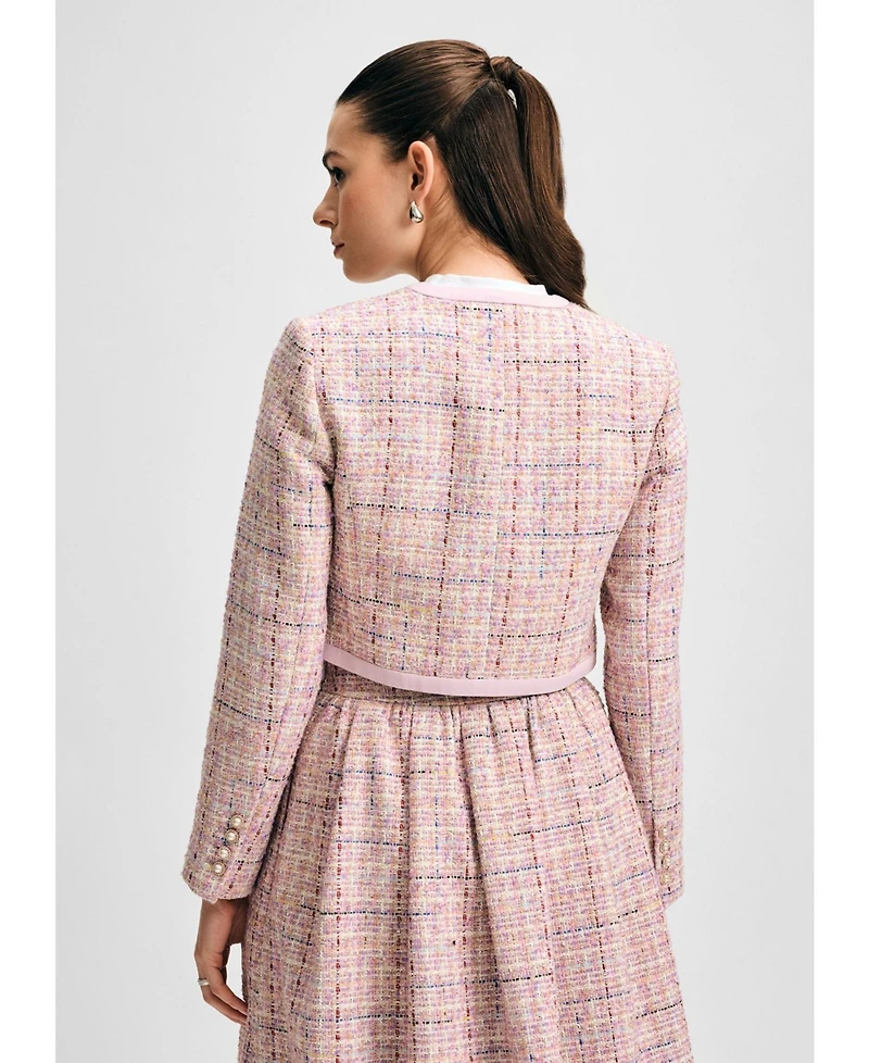 Isaac Mizrahi Women's Cropped Shimmer Tweed Jacket with Broach Button