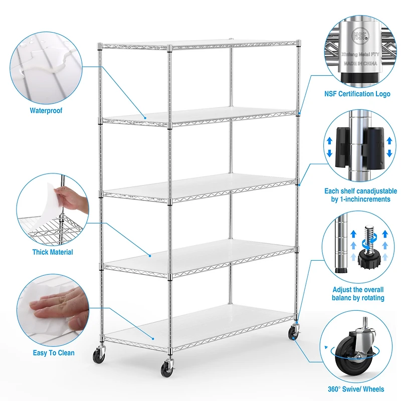 5 Tier Heavy Duty Adjustable Storage Rack Metal Shelf Wire Shelving Unit with Wheels and Shelf Liners