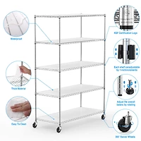 5 Tier Heavy Duty Adjustable Storage Rack Metal Shelf Wire Shelving Unit with Wheels and Shelf Liners