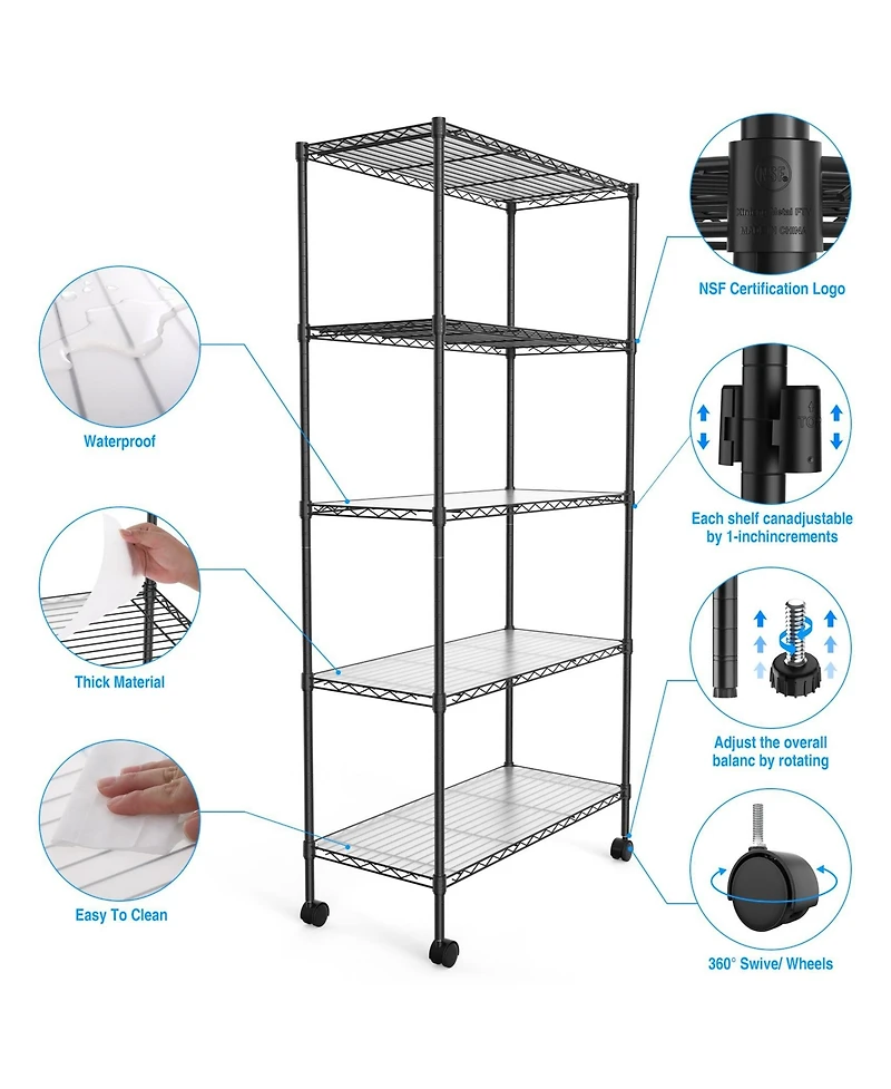 5 Tier Shelf Wire Shelving Unit, Nsf Heavy Duty Wire Shelf Metal Large Storage Shelves Height Adjustable Utility for Garage Kitchen Office Commercial