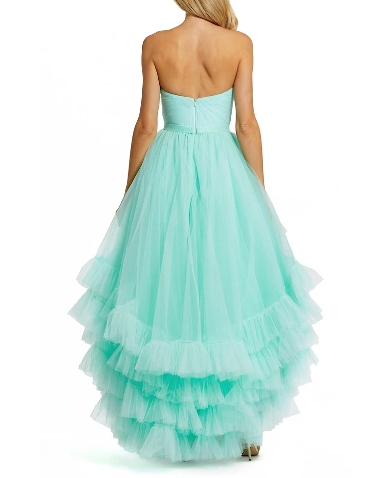 Mac Duggal Women's Strapless Ruched Sweetheart Ruffle High Low Gown