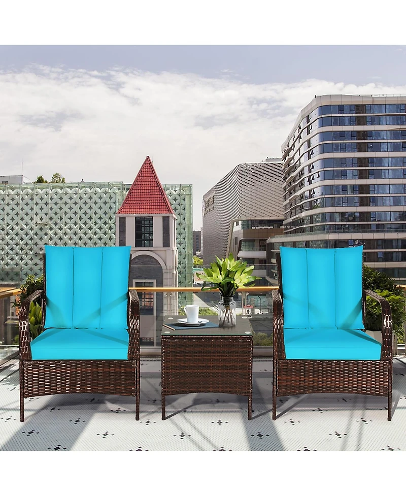 3 Pcs Patio Wicker Rattan Furniture Set Coffee Table & 2 Rattan Chair
