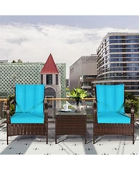 3 Pcs Patio Wicker Rattan Furniture Set Coffee Table & 2 Rattan Chair