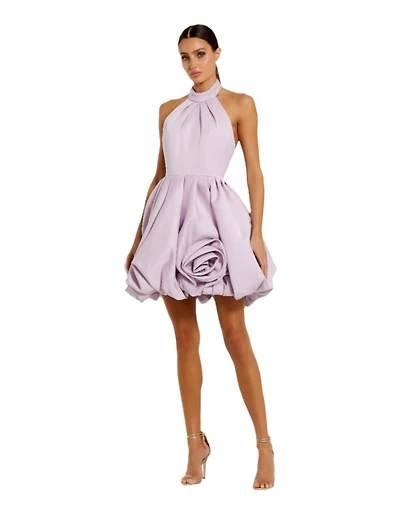 Mac Duggal Women's Satin High Neck Sleeveless Bubble Hem Mini Dress