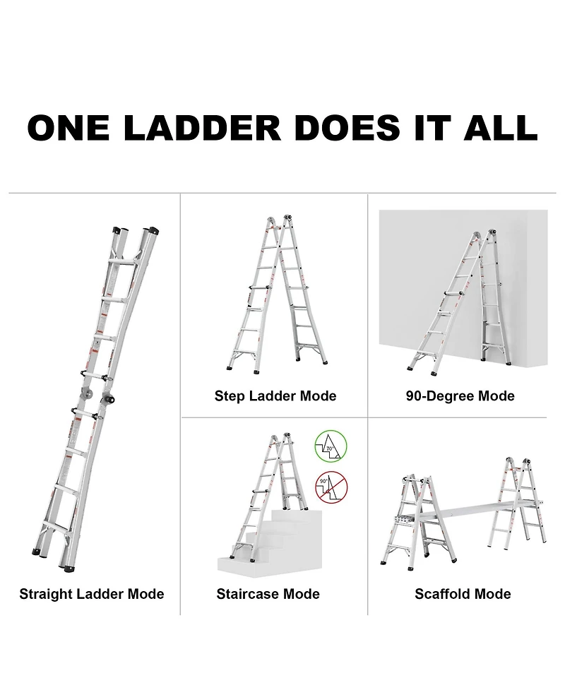 17ft Multi-Position Foldable Aluminum Ladder, A-Frame and Straight Ladder, Ansi 250lbs