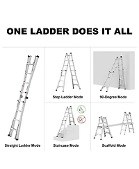 17ft Multi-Position Foldable Aluminum Ladder, A-Frame and Straight Ladder, Ansi 250lbs