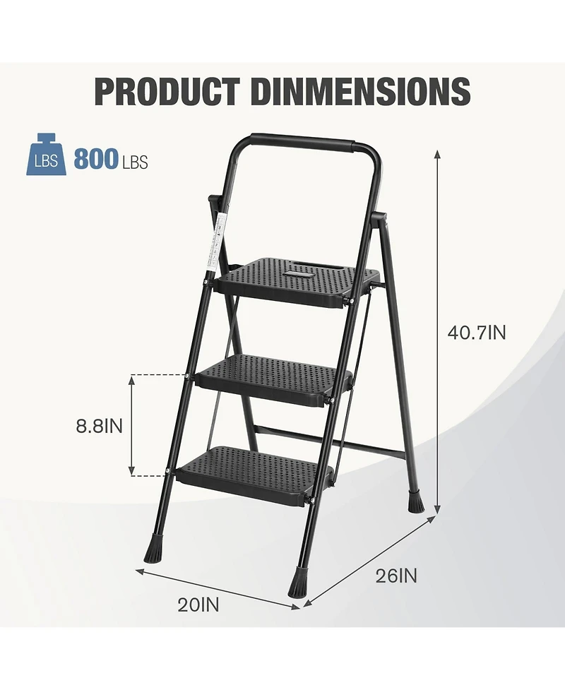 3 Non-slip step ladder, quick folding steel ladder Sturdy metal supported household tools for home/office work at altitude, portable step tools
