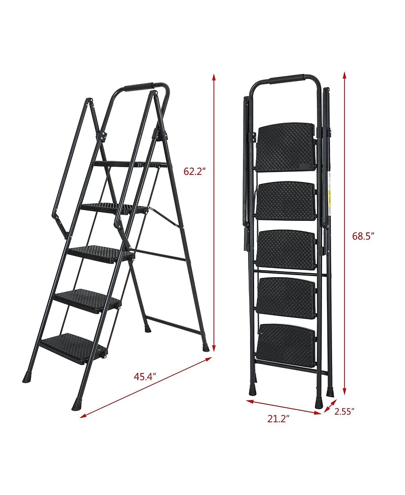 5-Step Steel Folding Step Stool Ladder with Wide Anti Slip Pedal and Safety Handle, Black