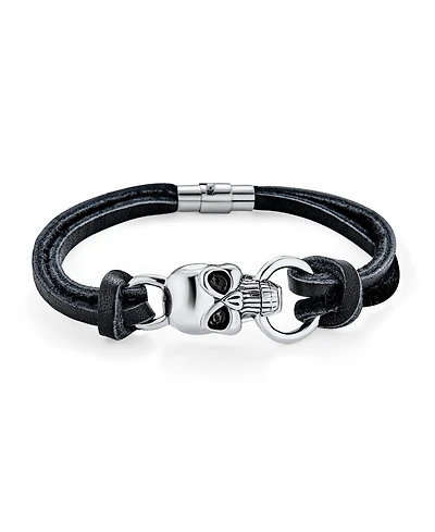 Bling Jewelry Biker Jewelry Hip Hop Goth Punk Rock Skull Heads Black Leather Studded Rivet Stainless Steel Multi Strand Skull Heads Cuff Bracelet
