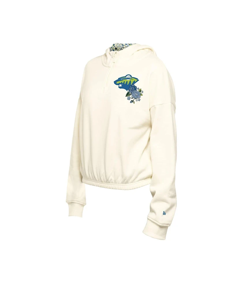 New Era Women's Cream Minnesota Wild Glam Game Quarter-Zip Cropped Floral Hoodie Pullover Top
