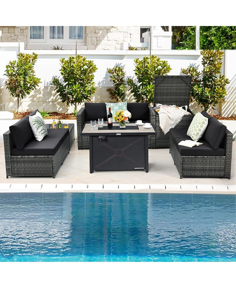 Gymax 9 Pcs Patio Rattan Furniture Set Fire Pit Table Storage Grey W/ Cover