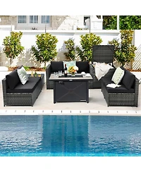 Gymax 9 Pcs Patio Rattan Furniture Set Fire Pit Table Storage Grey W/ Cover