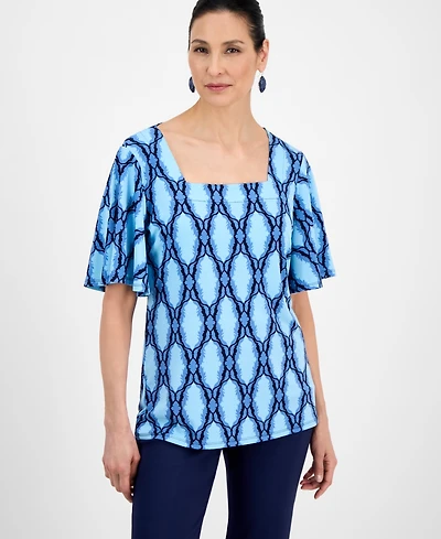 Jm Collection Petite Medallion-Print Flutter-Sleeve Top, Exclusively at Macy's