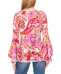 Sam & Jess Women's Printed Crewneck 3/4-Bell-Sleeve Blouse