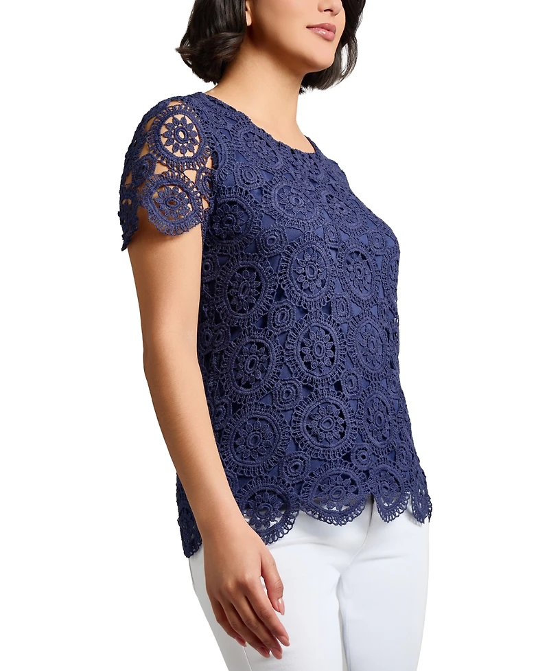 Jones New York Women's Lace Scalloped Short-Sleeve Top
