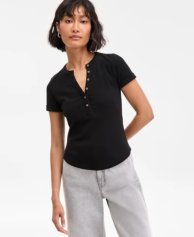 On 34th Women's Roll Cuff Rib-Knit Henley T-Shirt, Exclusively at Macy's