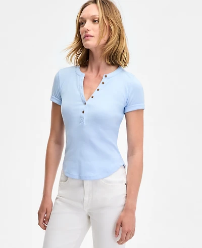On 34th Women's Roll Cuff Rib-Knit Henley T-Shirt, Exclusively at Macy's