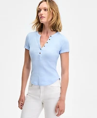 On 34th Women's Roll Cuff Rib-Knit Henley T-Shirt, Exclusively at Macy's