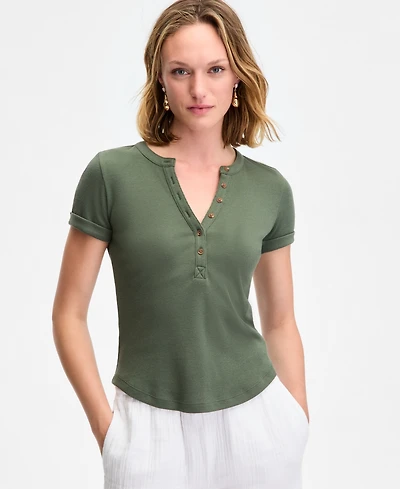 On 34th Women's Roll Cuff Rib-Knit Henley T-Shirt, Exclusively at Macy's