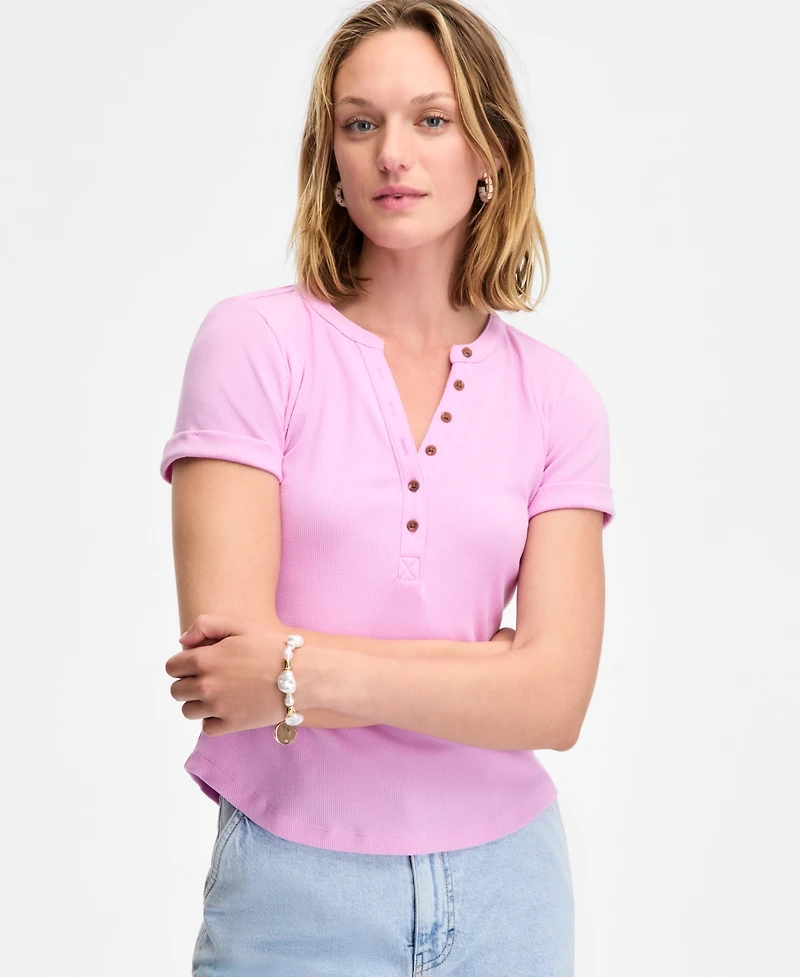 On 34th Women's Roll Cuff Rib-Knit Henley T-Shirt, Exclusively at Macy's