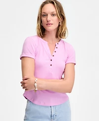On 34th Women's Roll Cuff Rib-Knit Henley T-Shirt, Exclusively at Macy's